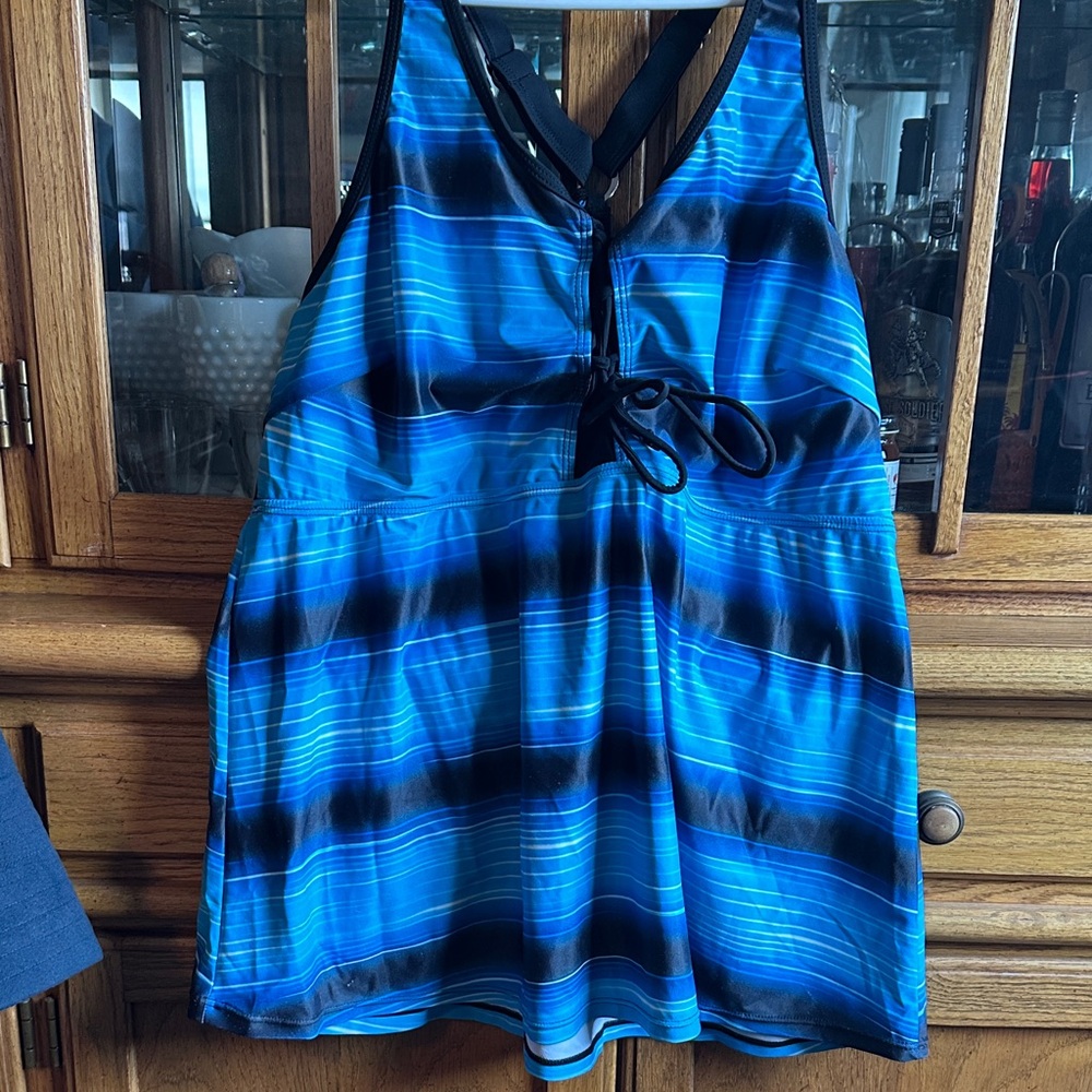 Blue and Black Striped swim suit top